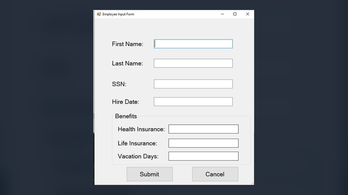 C sharp employee input form for a payroll system