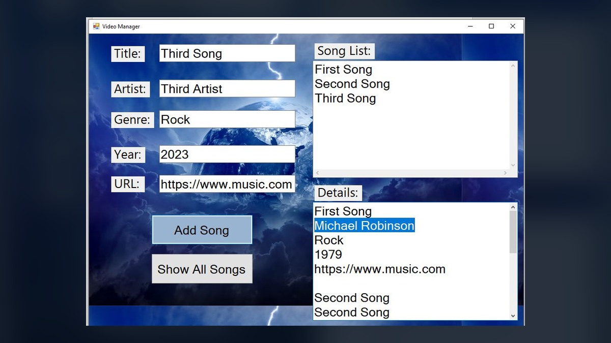 C sharp Windows Forms video manager with song fields and list controls