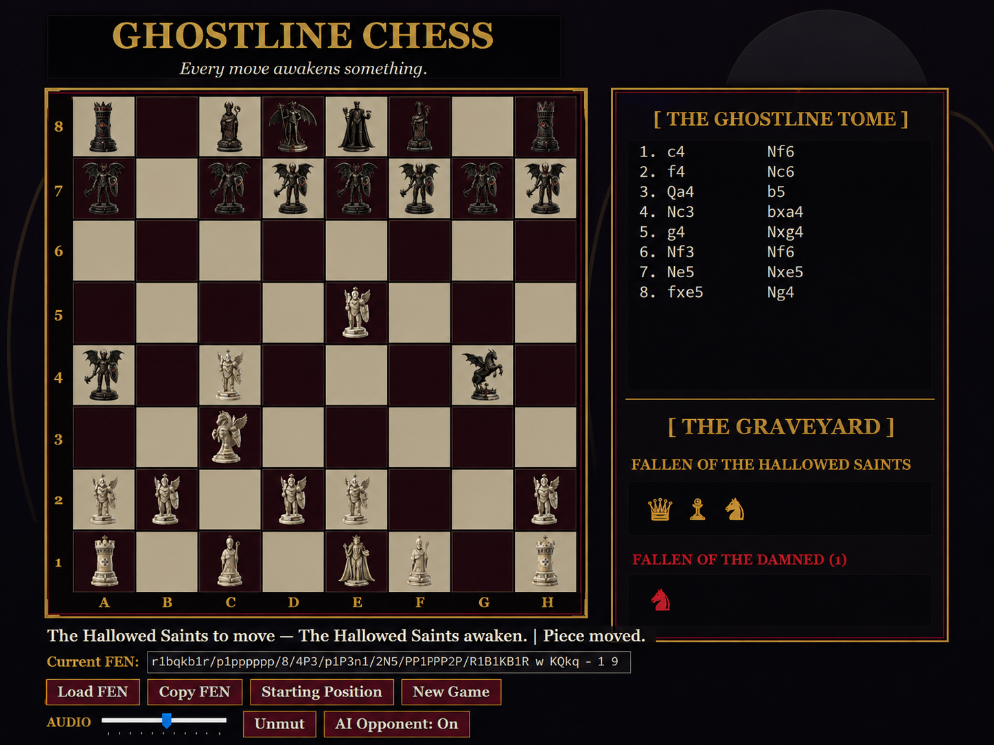 Ghostline Chess gothic board with the Hallowed Saints and Damned Souls