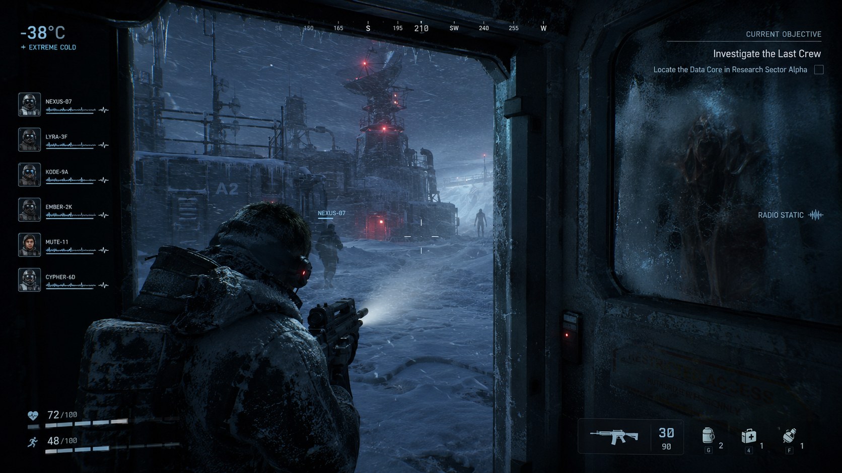 Whiteout Protocol gameplay concept showing a frozen research base during a blizzard