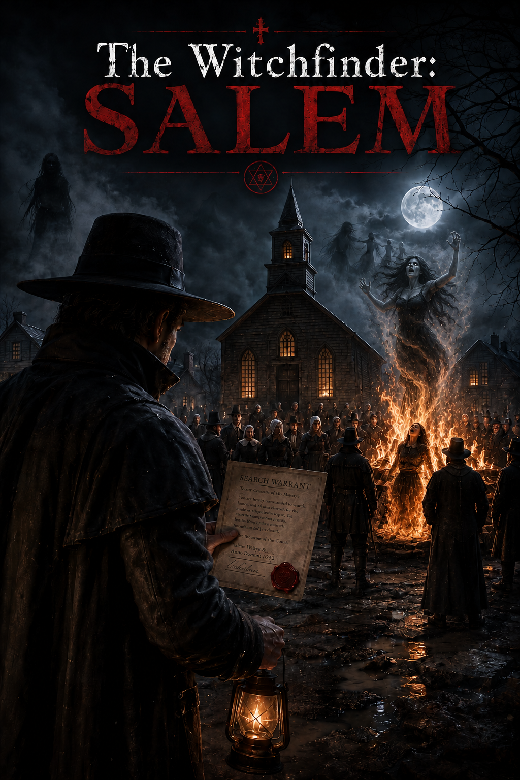 The Witchfinder Salem concept cover showing an investigator, a search warrant, and a Salem execution scene